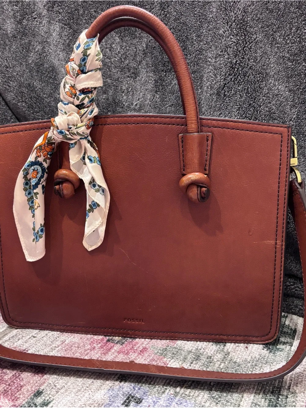 Fossil Leather Satchel Tote in Rich Chestnut Brown with Floral Scarf Accent